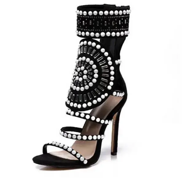 Womens Colorblock High Heels | Hollow-Out Open-Toe Stiletto Shoes in Black, Peach